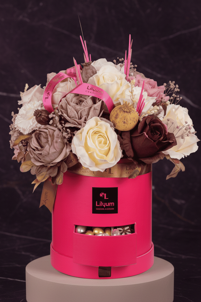 Yapay ve Kuru Çiçek Tasarım Çikolatalı Flowerbox (Clara)