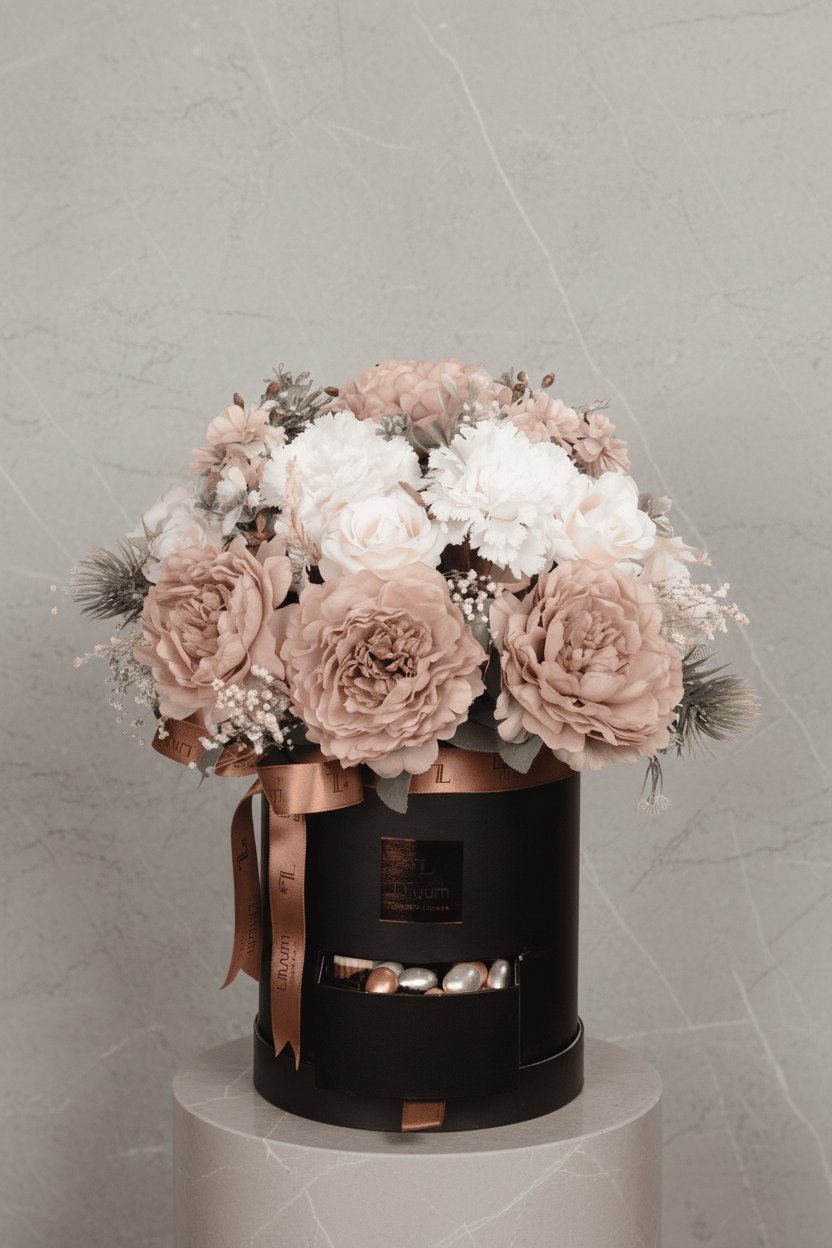 Çikolatalı yapay ve kuru çiçek tasarımı ile pembe beyaz flowerbox
