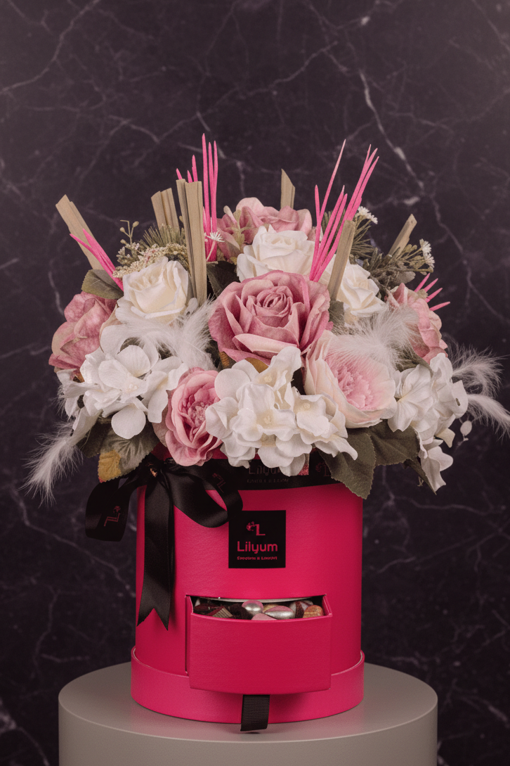 Yapay ve Kuru Çiçek Tasarım Çikolatalı Flowerbox (Emily)