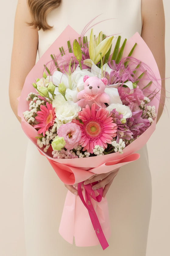 Daisy Peluşlu Pembe Buket