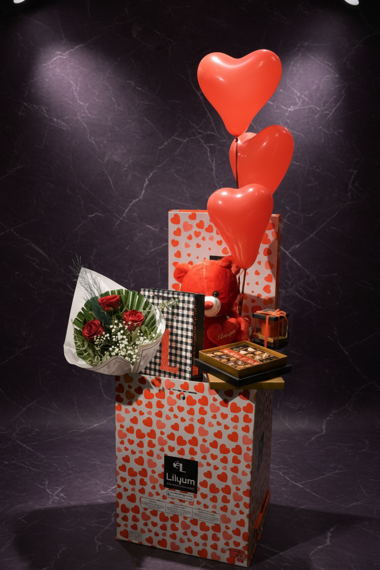Lilyum's Surprise Box – Kırmızı Gül, Çikolata ve Peluş Oyuncak Kutusu