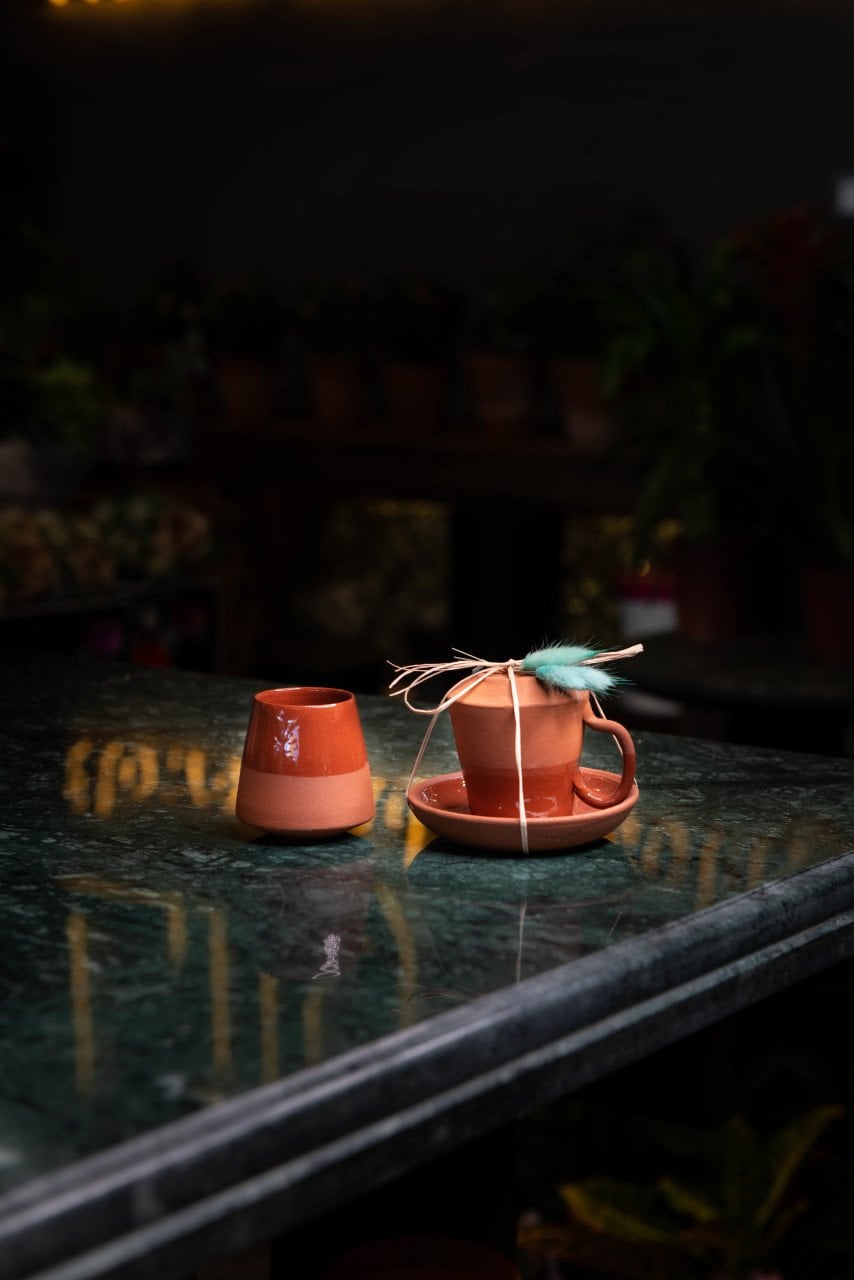 El Yapımı Çömlek Fincan + Su Bardağı