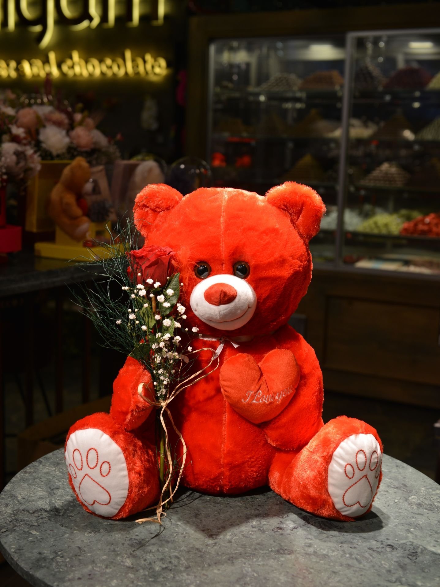 GÜL DETAYLI KIRMIZI AYICIK (35 cm)