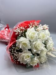 Kalıcı Kadife Beyaz Gül Buketi (11'li)