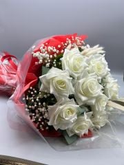 Kalıcı Kadife Beyaz Gül Buketi (11'li)