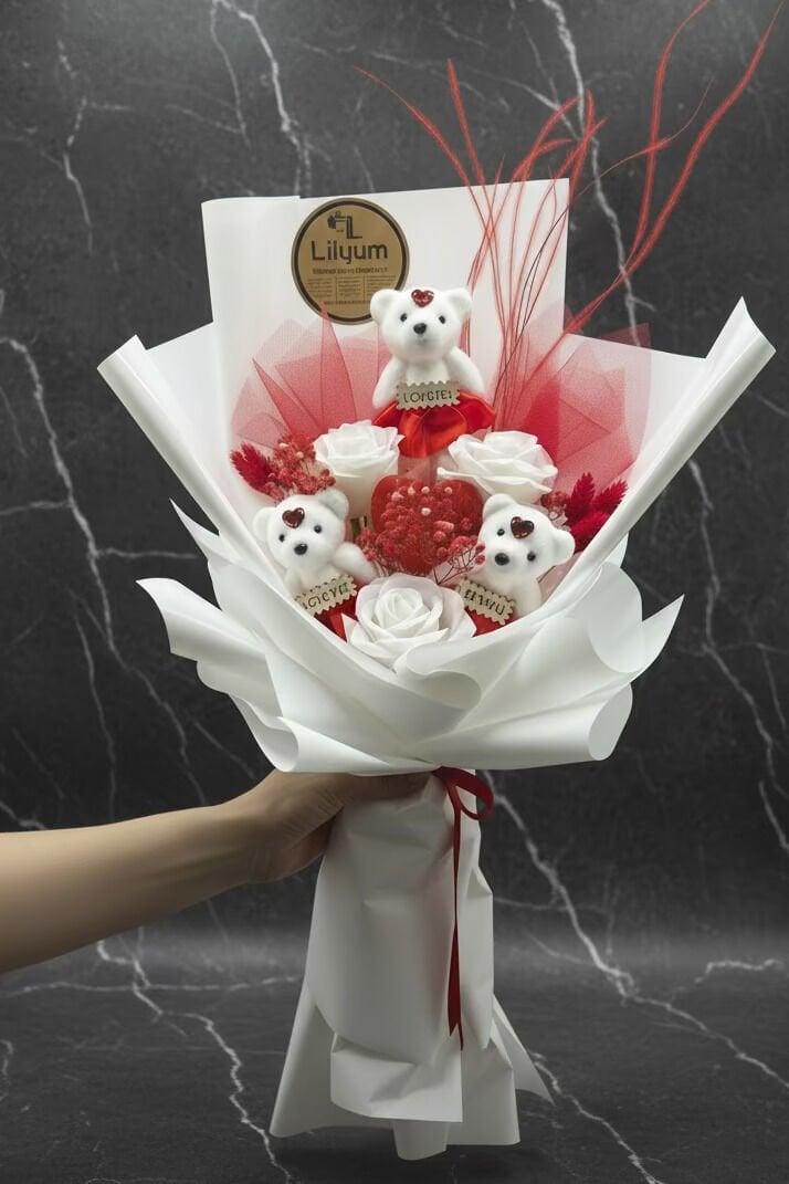 Peluşlu Kalıcı Gül Buketi - Beyaz (Kalp Şekerli)