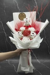 Peluşlu Kalıcı Gül Buketi - Beyaz (Kalp Şekerli)