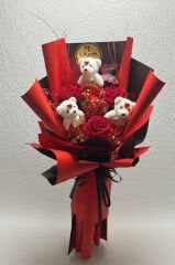 Peluşlu Kalıcı Gül Buketi - Kırmızı (Kalp Şekerli)